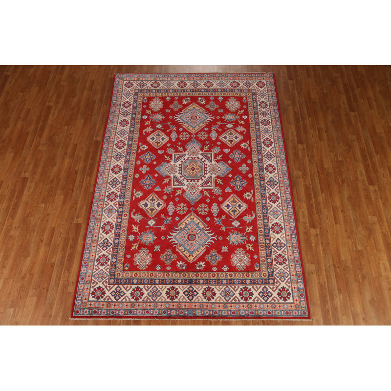 Tapis rouge en laine Kazak rouge fait à la main 7 x 10