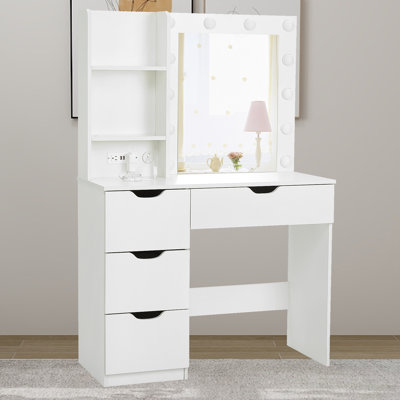 Coiffeuse de 35 po avec miroir à DEL et prise de courant intégrée, meuble-lavabo à 4 tiroirs avec 3 tons de lumière réglables pour la chambre à coucher et le studio de maquillage professionnel