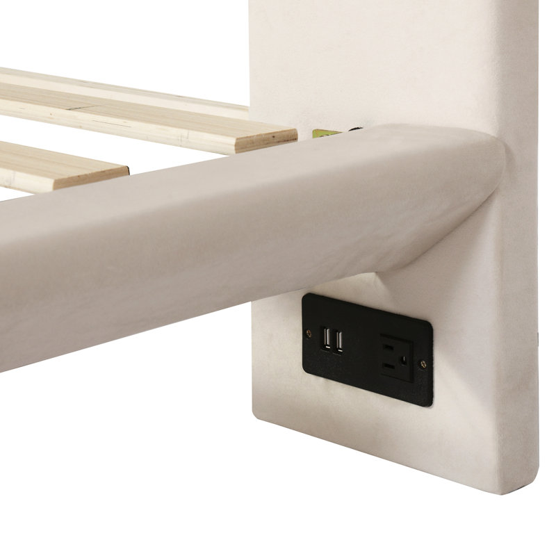 Stylish Upholstered Platform Bed, Queen, Sensor , Beige, 2 Backrests, Charging Bed With Large Port And Socket, Delicate