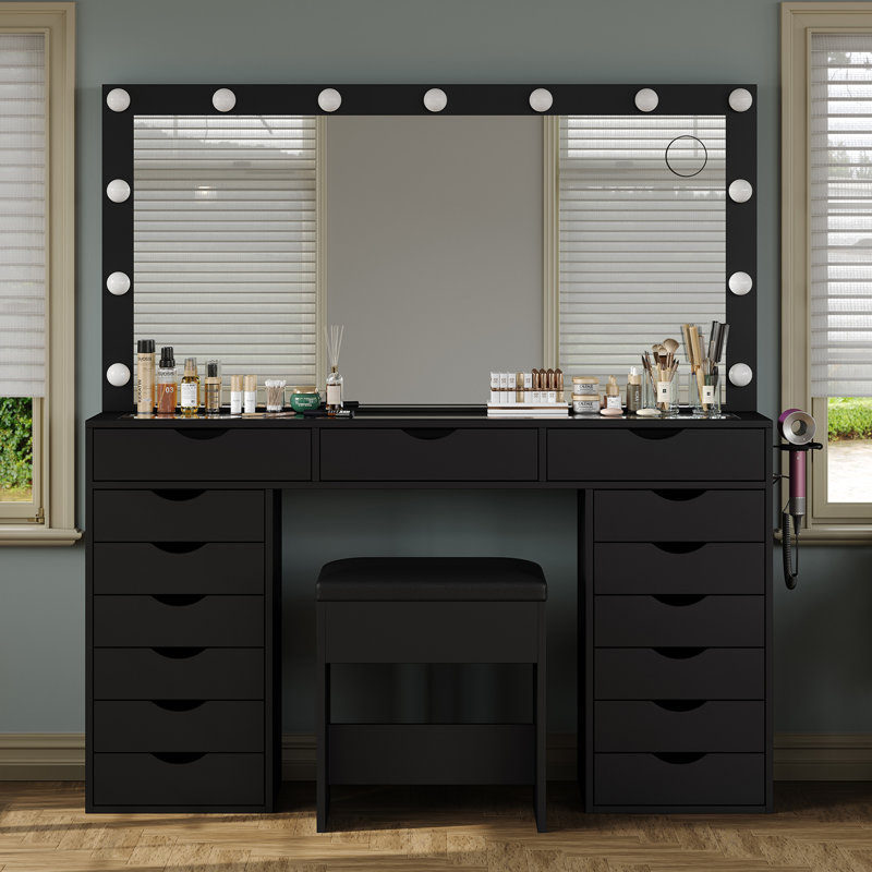 Dressing Table with LED Mirror, 15 Drawers, Power Outlet, Glass Top, 3 Lighting Modes, Stool, Black
