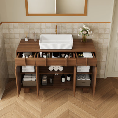 Meuble-lavabo autoportant moderne en noyer de 122 cm avec lavabo rectangulaire en céramique