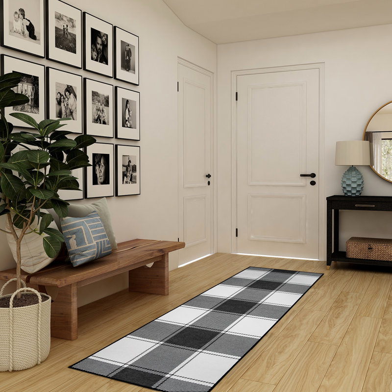 Buffalo Plaid Black And White Flatweave Washable Indoor / Outdoor Rug, Runner 2'6" x 7'