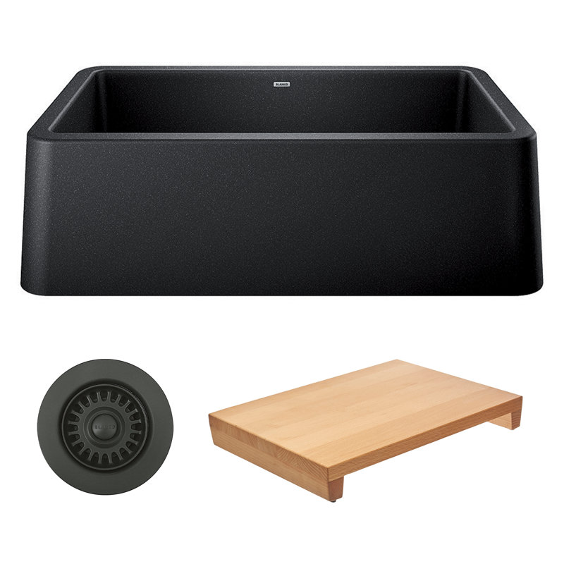 Ikon 33" L x 19" W Farmhouse Sink Sink with Cutting Board & Basket Strainer, Anthracite