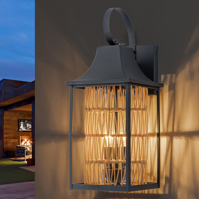 Modern Farmhouse Dusk-to-dawn Outdoor Wall Lantern With Hand-woven Rattan Shade