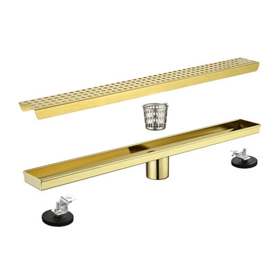 Drain de douche linéaire 24 po avec grille quadrato amovible, drain de plancher en acier inoxydable 304 avec crépine et pieds réglables