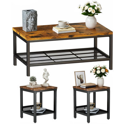 Coffee Table Set Of 3,Industrial Coffee Table And 2 End Side Tables,Easy Assembly Coffee And End Tables Sets With Metal Legs, For Office, Living Room And Apartment (Brown)