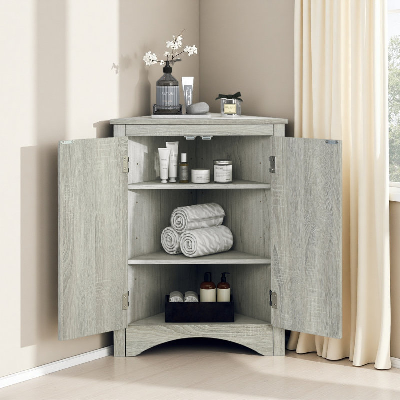Triangle Bathroom Storage Cabinet With Adjustable Shelves, Oak