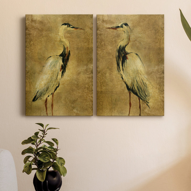 «Gold Crane at Dusk I», ensemble de 2 reproductions d'art sur toiles, H 36 po x l 24 po, Toile tendue, Sans cadre