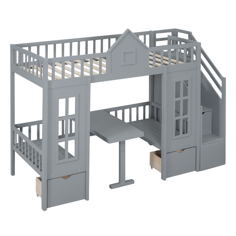 Twin-Over-Twin Bunk Bed With Changeable Table, Bunk Bed Turn Into Upper Bed And Down Desk, Grey