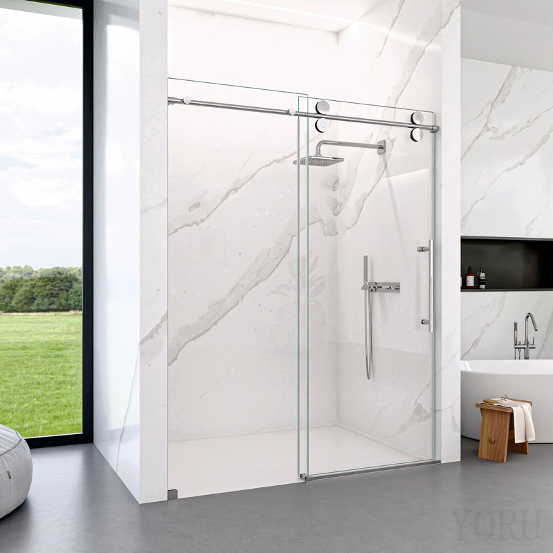 Porte de douche coulissante simple sans cadre de 44 à 48 po de hauteur H 76 po - verre trempé transparent de 5/16 po (8 mm), conception à dérivation avec finition chromée