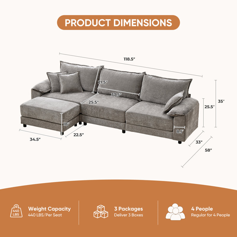 Canapé modulaire 118,6 po avec méridienne modulaire avec méridienne 118,6 po, Chenille gris pâle, En forme de L