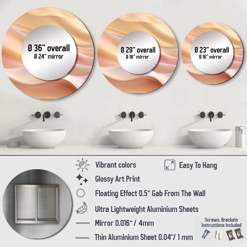 Rosmery Gold and Pink Soft Wave Fusion - grand miroir de formes abstraites, miroir mural décoratif rond moderne, impression d'art en métal
