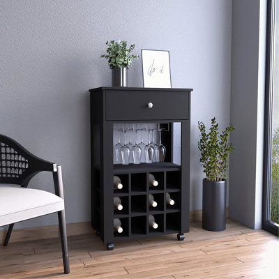 Bar Cart, Twelve Built-In Wine Rack, Four Legs, One Open Shelf