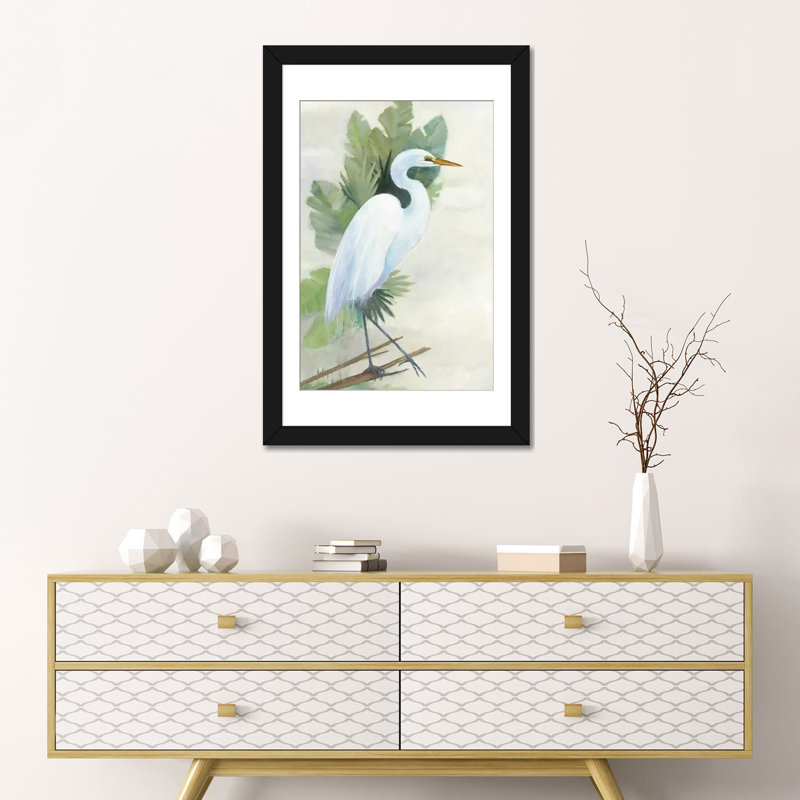 «Debout Egret I», reproduction d'art sur toile, H 32 po x l 24 po x P 1 po, Papier beaux-arts encadré noir, Blanc