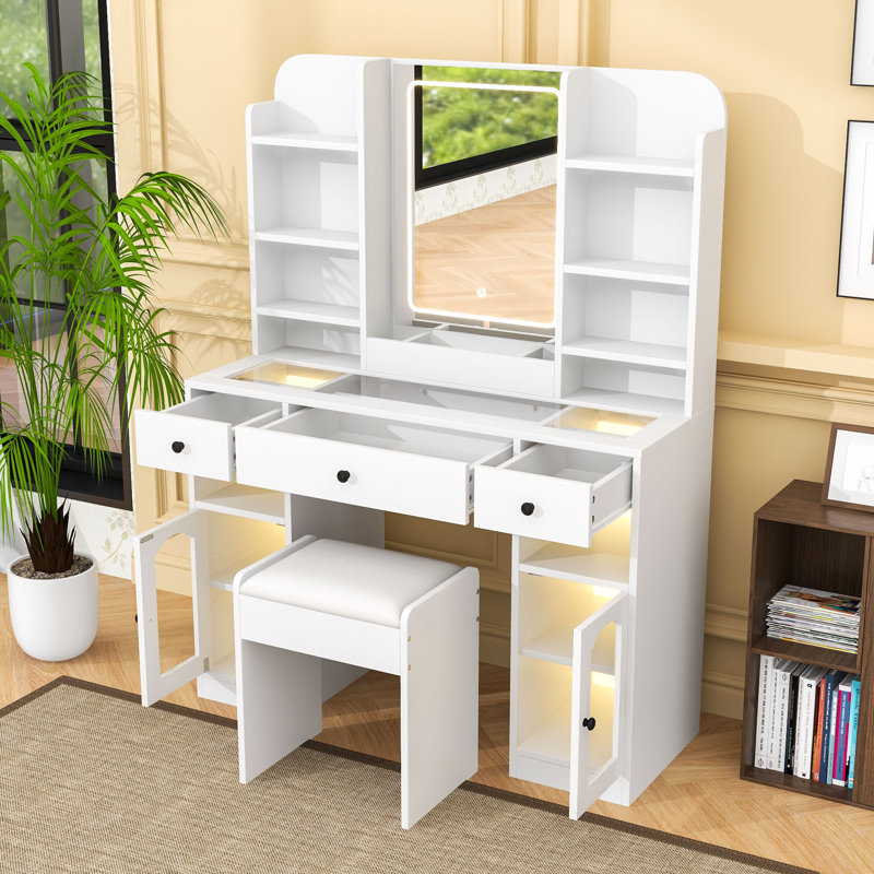 Bureau de coiffeuse avec miroir DEL, 3 tiroirs, tablettes de rangement et tabouret, Blanc