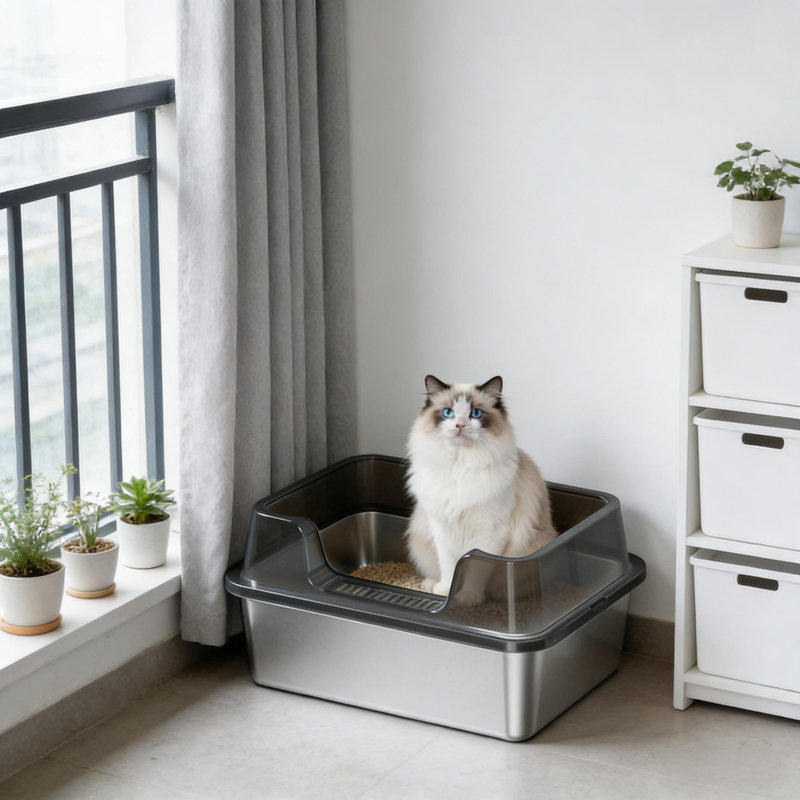 Bac à litière en acier inoxydable avec couvercle pour chats, fond antiadhésif anti-urine haut de gamme avec pelle, Noir