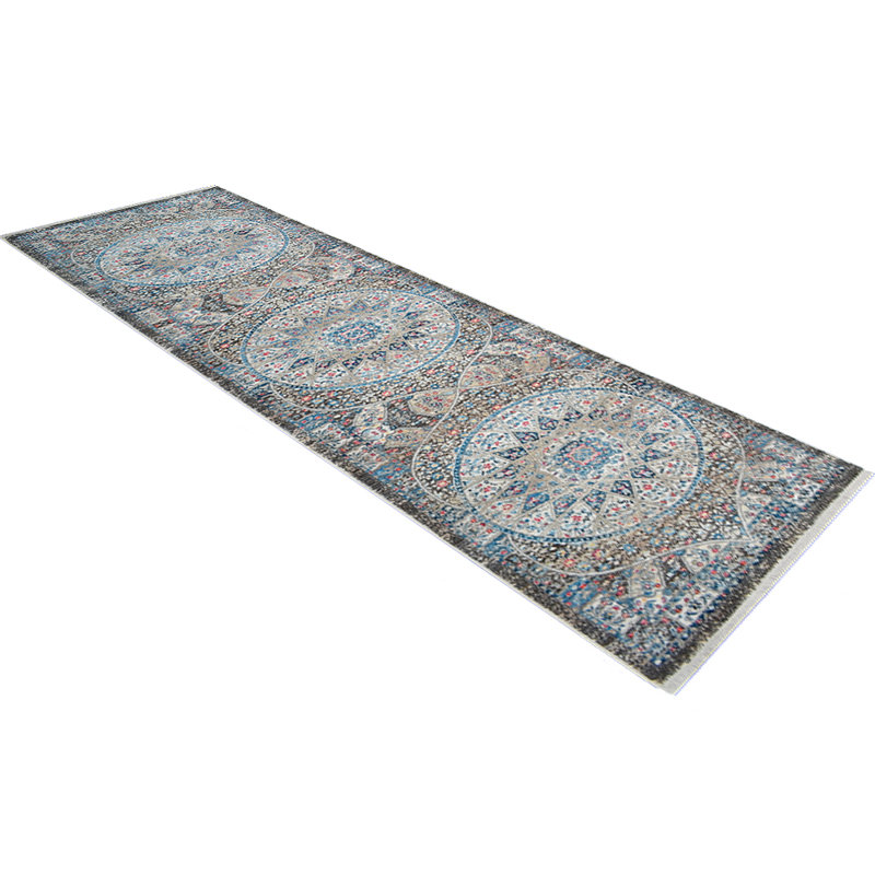 Tapis Beier pour tapis de salon, tapis lavable à la machine, tapis d'intérieur en polyester tissé à la machine - Tapis de couloir | Gris et bleu | Conception orientale