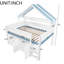 Lit mezzanine double avec auvent et rangement, design pastel doux, tablettes intégrées pour ranger les fournitures, ambiance de chambre à coucher confortable, rangement pour armoires-130155735