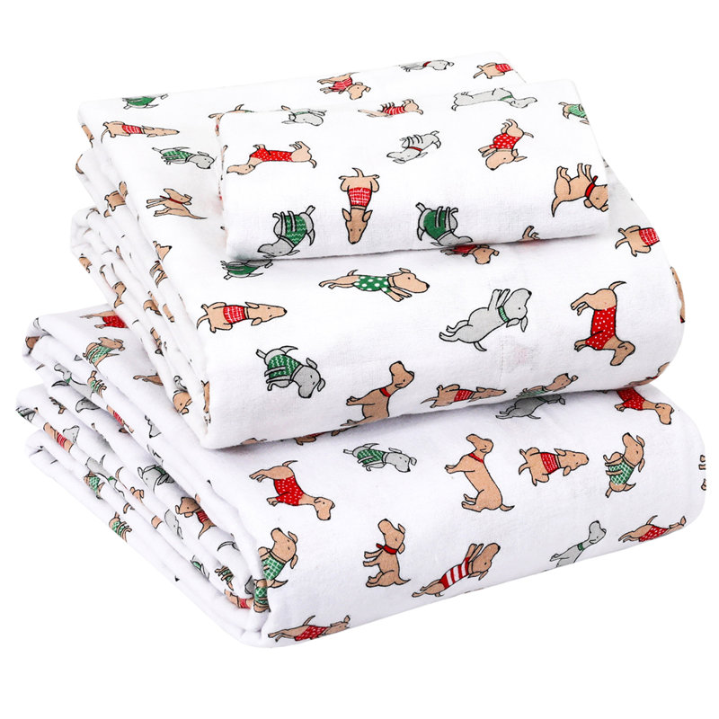 Colyt 100% Cotton Flannel Sheet Set, Twin Sheet Case Pack+Fitted Sheet + 2 Pillowcase, Winter Dogs