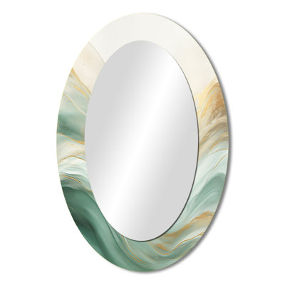 Gold And Green Soft Wave Fusion I - Beige Oval Wall Mirror Decor