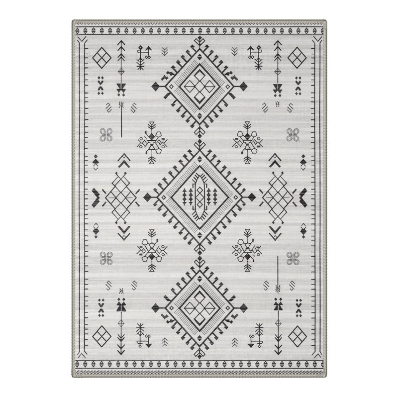 Abrahamson Bohemia Geometric Machine Washable Beige / Black / Grey Indoor Area Rug with Non-Slip Backing, Rectangle 9' x 12'