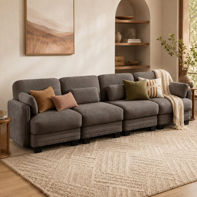 Gatton Channel Tufted 4-Seater Sofa, Minimalist Chenille Modular Sectional Couch with Ergonomic Curved Design, High-Resilience Foam Seat Cushions, Quilted Seat Base