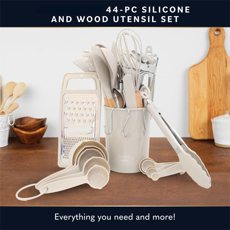 ColorLife 44 Pcs Silicone Kitchen Utensils Set, Non-Stick Silicone Cooking Utensils Set With Spatula, Wooden Handle Spatula, Silicone Kitchen Gadgets Utensil Set (44 Pcs - Stone)