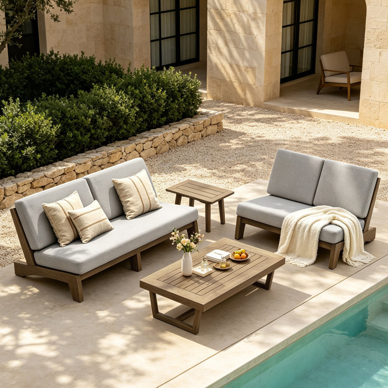 Ensemble de conversation extérieur Polett en bois massif, 4 Pcs: 2 Tables, Loveseats, Sofa, Chameau clair, Brun