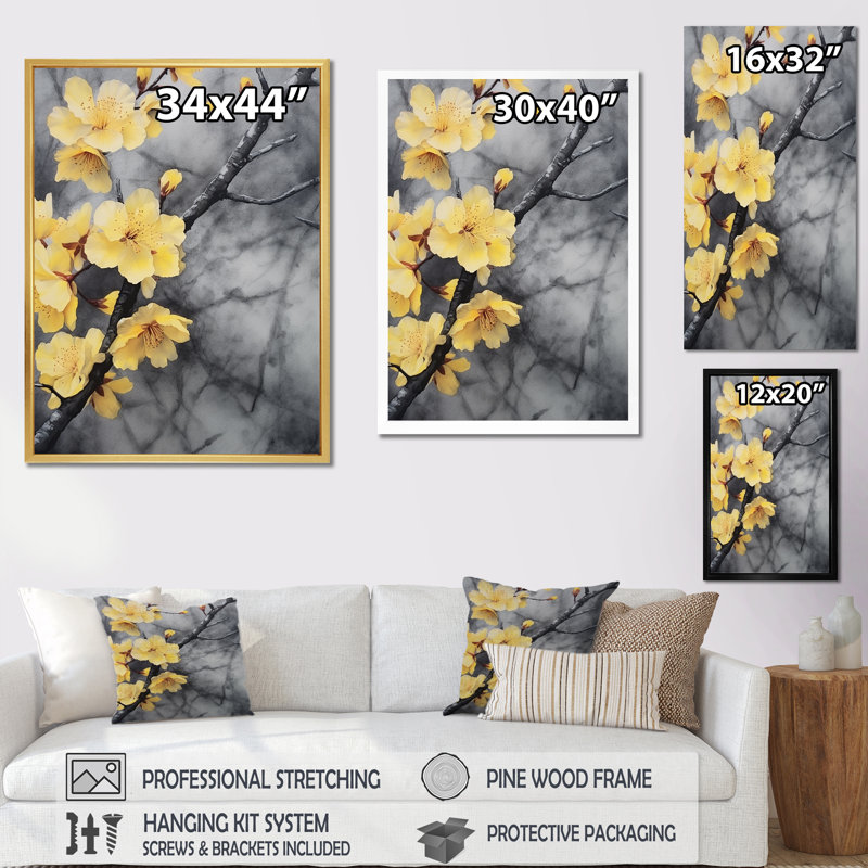Fleurs de cerisier jaunes et grises sur toile, Cadre naturel flottant, H 44 po x l 34 po