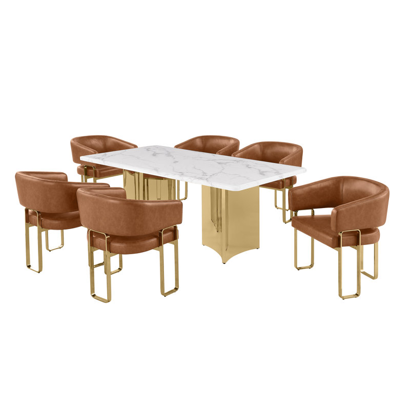 Ensemble de salle à manger en marbre blanc Grand avec chaises d'appoint Leathaire, Caramel, L 72 po x l 40 po