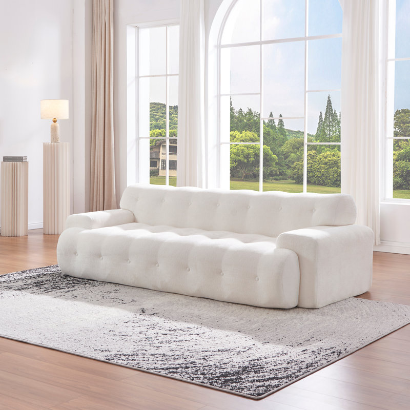 Canapé 88 po en chenille 88 po avec capitonnage à boutons Cloud, Blanc Fabirc