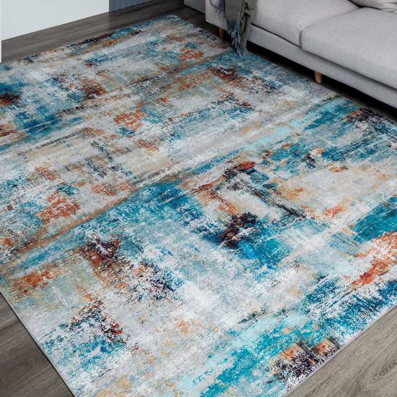 Abstract Area Rug in Blue, Rectangle 7'6" x 9'6"