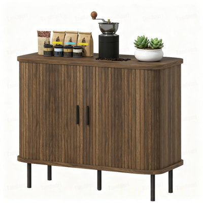 Armoire de rangement Buffet avec rangement, armoire de bar nordique avec portes à lattes et pieds en métal,