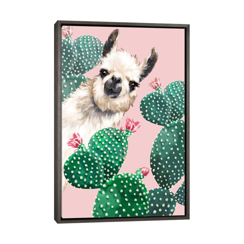 Art du lama et du cactus, Toile encadrée de bois rustique foncé, H 48 po x l 32 po x P 1,5 po