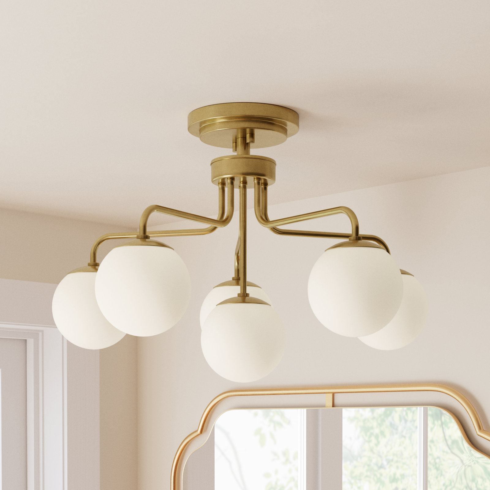 Chemise 6 Light Glass Semi Flush Mount, Brass, White
