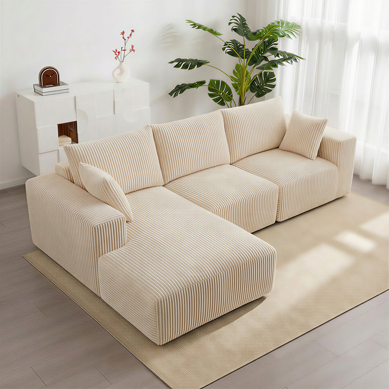 Canapé modulaire moderne en L avec méridienne, Velours côtelé beige