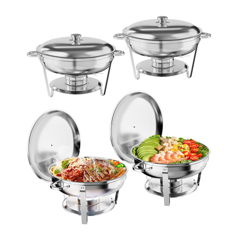 4-Pack Round Chafing Dish Buffet Set, 5QT Stainless Steel Food Warmers, Complete 6-Piece Server with Water and Food Pans, Lid, Frame for Catering, Parties, Events