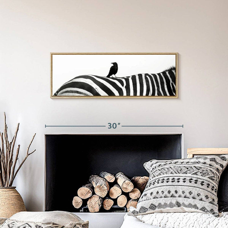 Corbeau sur zèbre, Cadre flottant en bois naturel, 28 po x 10 po