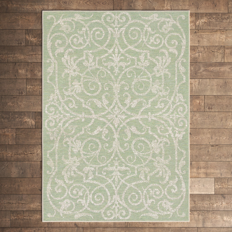 Cassina Floral Ivory Light Green Indoor Outdoor Area Rug, Rectangle 3'9" x 5'5"