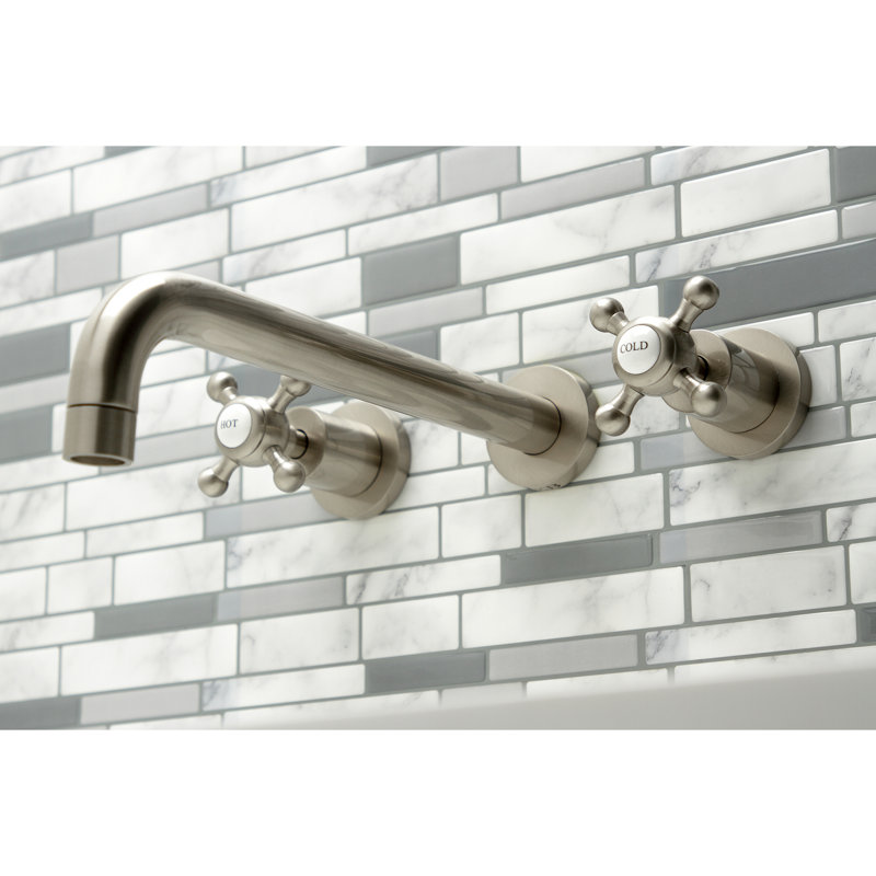 Kingston Brass Manhattan Two-Handle 3-Hole Wall Mount Roman Tub Faucet, Brushed Nickel, Cross