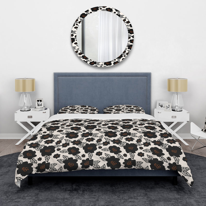 Fleurs noires sur fond blanc - ensemble de housse de couette moderne - microfibre de polyester