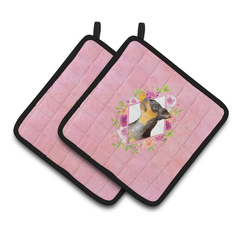 Ensemble de cuisinier poignée 2 pièces caroline trésors sheltie, Rose, Pinscher miniature noir