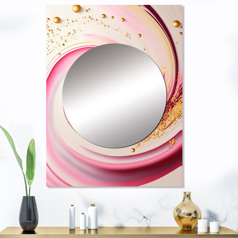 Jaxxson, cercles abstraits roses et dorés I - miroir spirales abstraites uniques, grand miroir mural rose, impression sur métal