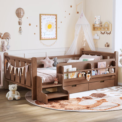 Lit sur pied avec bibliothèques et tiroirs de rangement, lit en bois massif pour enfants avec de jolis escaliers et garde-corps, aucun sommier nécessaire
