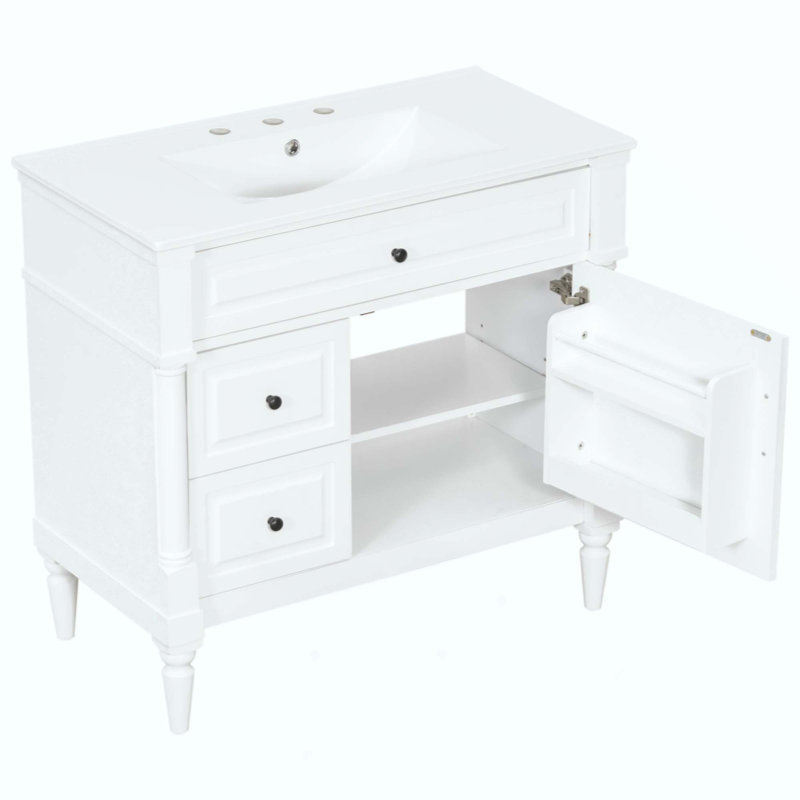 Meuble-lavabo de salle de bain avec lavabo, armoire de salle de bain autoportante avec lavabo en céramique, tiroir rabattable, tablette réglable, structure en bois d'hévéa et panneaux de fibres à densité moyenne, finition peinte à poignées en métal