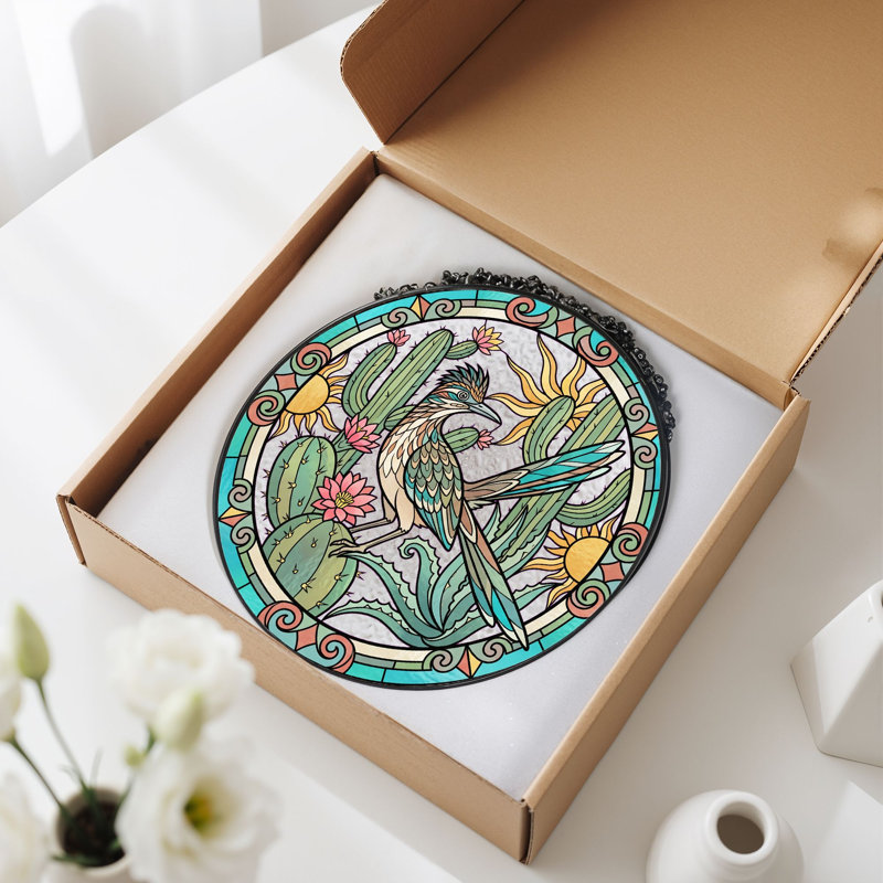 Roadrunner Cactus Stained Glass Window Panel，12"H, 12"H