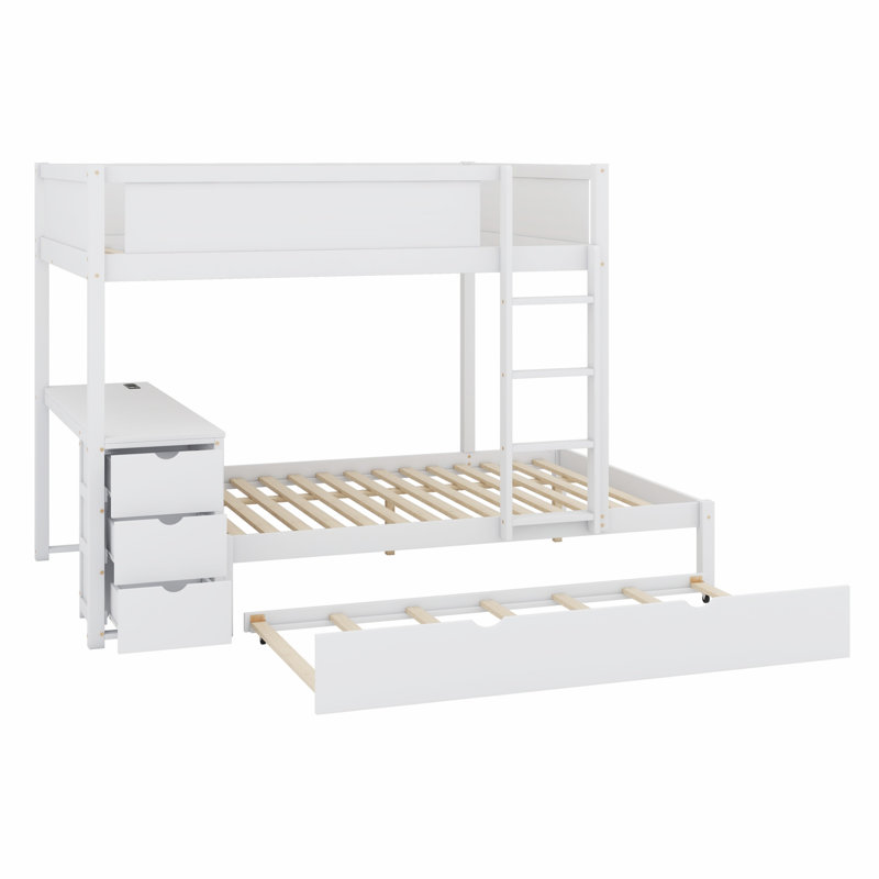 Lit superposé avec lit gigogne, bureau avec tiroirs, blanc, Full-Over-Full