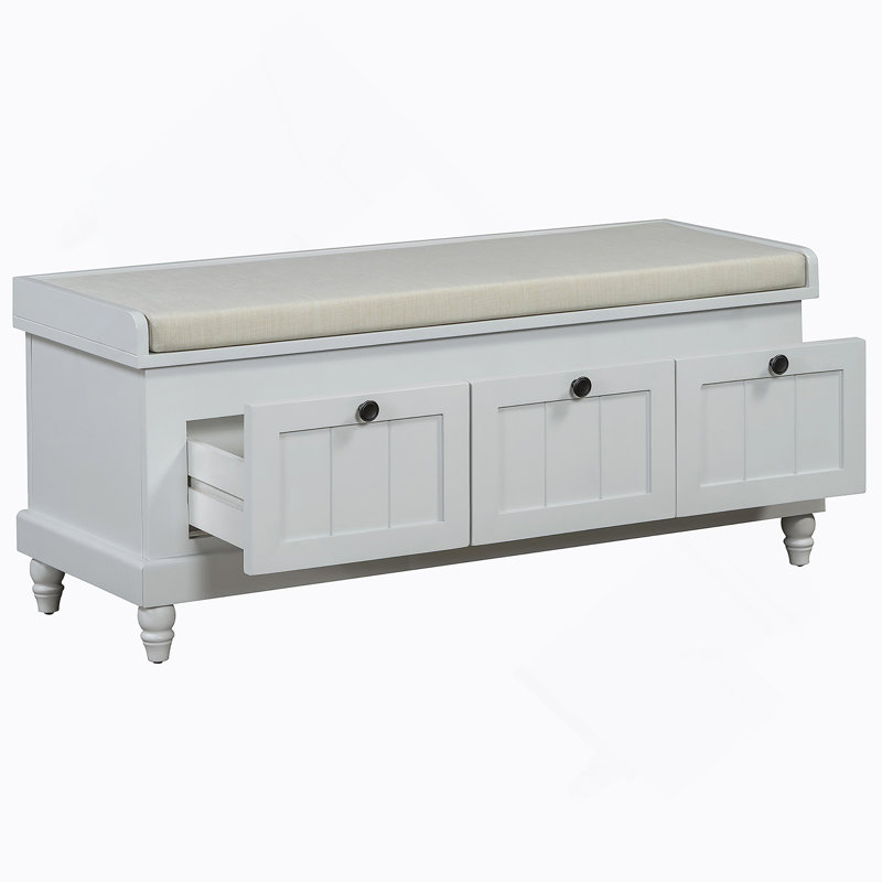 Classic Shoe Bench With Cushion And Three Drawers, Fluted Entryway Bench With Storage For Living Room, Entryway, And Hallways (Light Gray