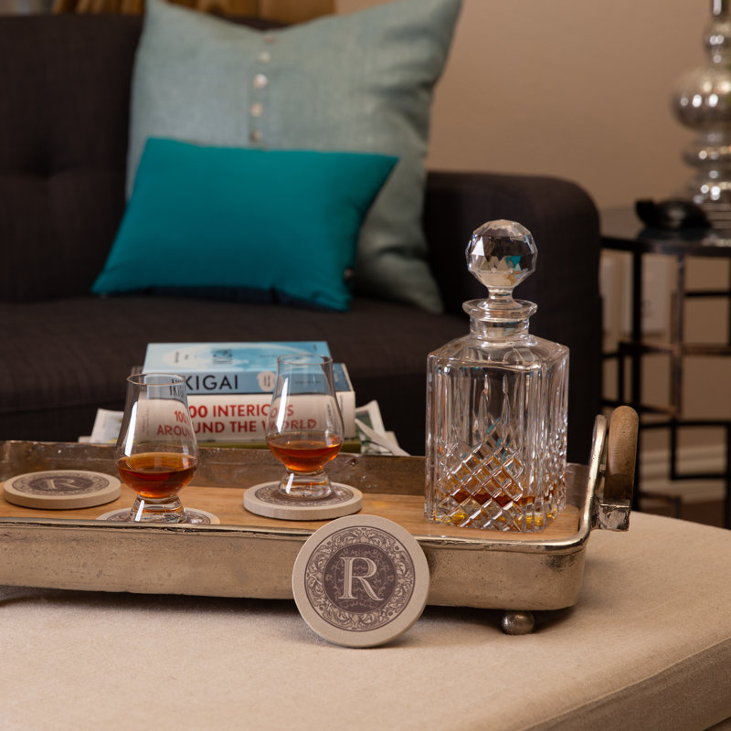Ensemble de 4 sous-verres en grès naturel Lettre monogramme, R