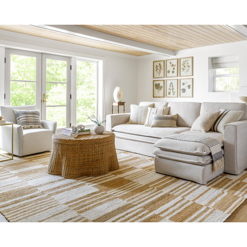 Handwoven Tan and Ivory Striped Rectangular Viscose Chenille Rug